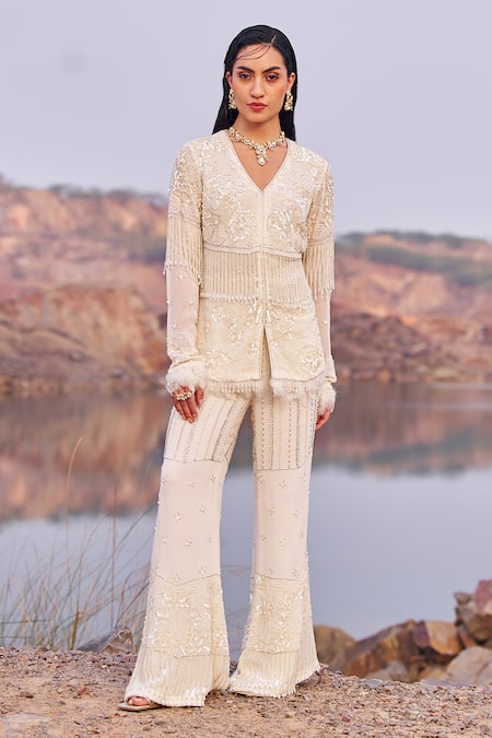 Buy_Nidhika Shekhar_Ivory Georgette, Linen Sequins, Jalsaa E Khaas Embroidered Top And Pant Set _Online_at_Aza_Fashions