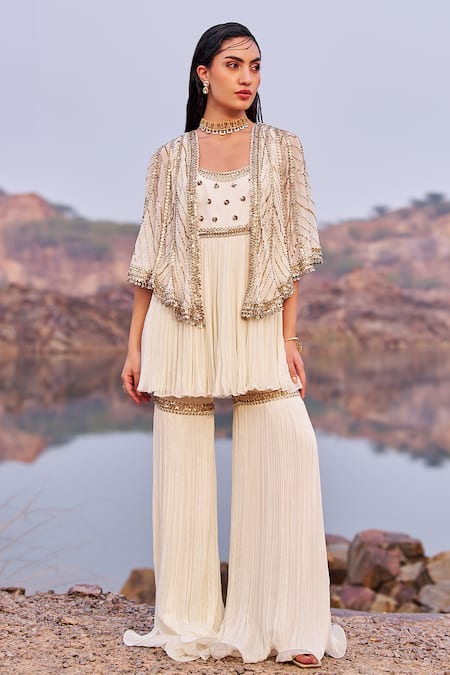 Nidhika Shekhar Ivory Georgette Embroidered Sequins U Neck Jalsaa E Firdose Cape Sharara Set 