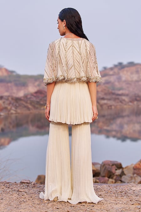 Shop_Nidhika Shekhar_Ivory Georgette Sequins, Beads, Embroidery Jalsaa E Firdose Cape Sharara Set _at_Aza_Fashions