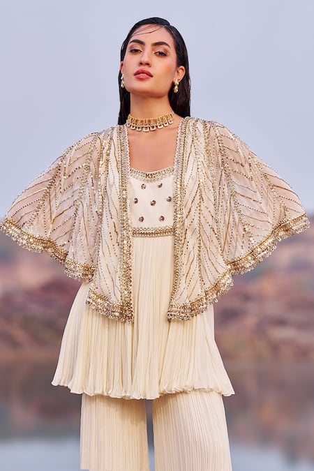Nidhika Shekhar_Ivory Georgette Sequins, Beads, Embroidery Jalsaa E Firdose Cape Sharara Set _Online_at_Aza_Fashions