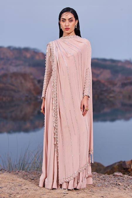 Shop_Nidhika Shekhar_Pink Crepe Sequins Crew Neck Jalsaa E Bahaar Embroidered Draped Anarkali _at_Aza_Fashions