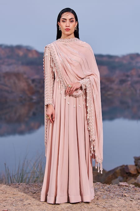 Nidhika Shekhar_Pink Crepe Sequins Crew Neck Jalsaa E Bahaar Embroidered Draped Anarkali _Online_at_Aza_Fashions