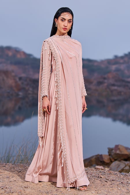 Buy_Nidhika Shekhar_Pink Crepe Sequins Crew Neck Jalsaa E Bahaar Embroidered Draped Anarkali _Online_at_Aza_Fashions