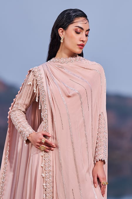 Shop_Nidhika Shekhar_Pink Crepe Sequins Crew Neck Jalsaa E Bahaar Embroidered Draped Anarkali _Online_at_Aza_Fashions