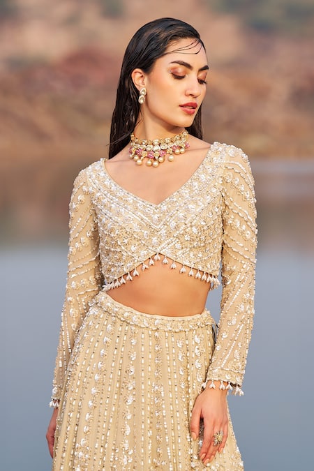 Nidhika Shekhar_Gold Georgette, Net Sequins, Bahaar E Jalsaa Sunehri Bridal Lehenga Set _Online_at_Aza_Fashions