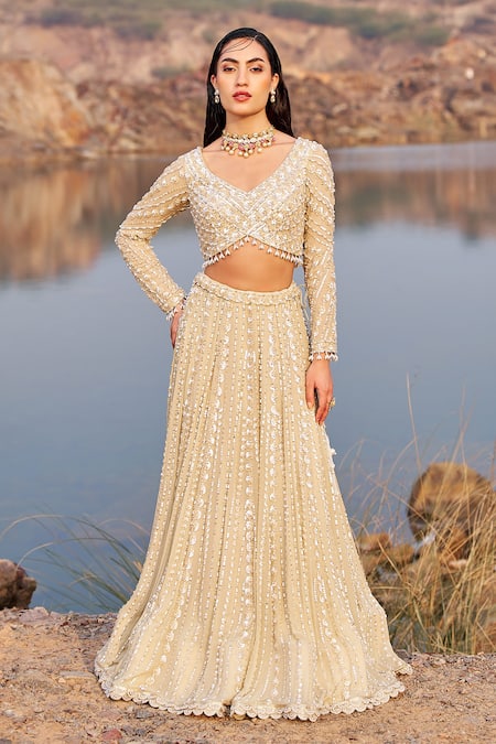 Buy_Nidhika Shekhar_Gold Georgette, Net Sequins, Bahaar E Jalsaa Sunehri Bridal Lehenga Set _Online_at_Aza_Fashions