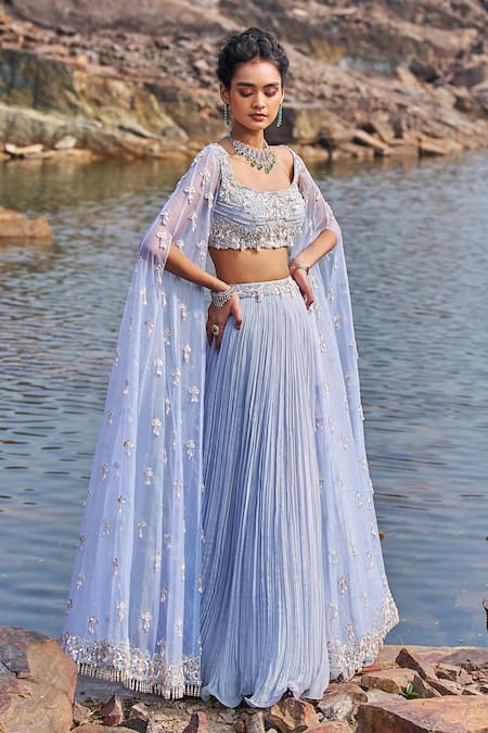 Nidhika Shekhar_Blue Georgette, Net, Silk Sequins, Suvarn Bela Maharani Blouse And Lehenga Set _Online_at_Aza_Fashions