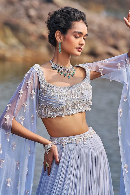 Buy_Nidhika Shekhar_Blue Georgette, Net, Silk Sequins, Suvarn Bela Maharani Blouse And Lehenga Set _Online_at_Aza_Fashions