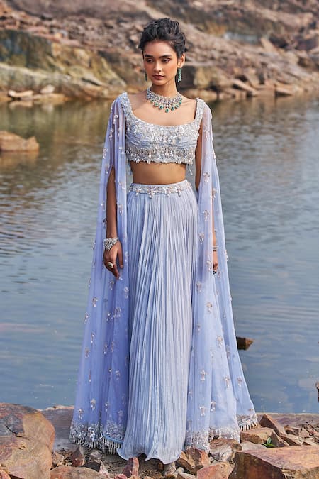Shop_Nidhika Shekhar_Blue Georgette, Net, Silk Sequins, Suvarn Bela Maharani Blouse And Lehenga Set _Online_at_Aza_Fashions
