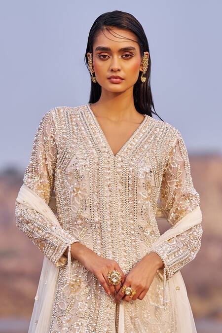 Nidhika Shekhar_Ivory Net, Organza, Brocade Utsav Chamakate Jalsaa Embroidered Kurta Lehenga Set _Online_at_Aza_Fashions