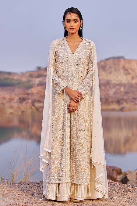 Buy_Nidhika Shekhar_Ivory Net, Organza, Brocade Utsav Chamakate Jalsaa Embroidered Kurta Lehenga Set _Online_at_Aza_Fashions