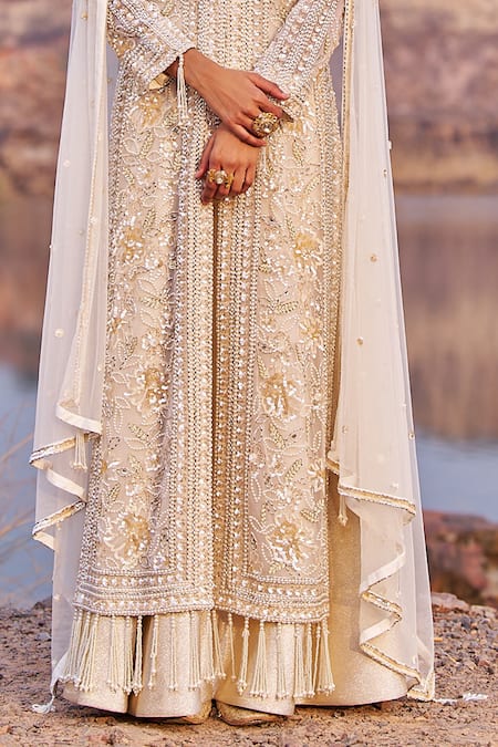Shop Nidhika Shekhar Ivory Net, Organza, Brocade Utsav Chamakate Jalsaa Embroidered Kurta Lehenga Set Online at Aza Fashions Shop_Nidhika Shekhar_Ivory Net, Organza, Brocade Utsav Chamakate Jalsaa Embroidered Kurta Lehenga Set _Online_at_Aza_Fashions