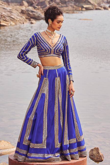 Buy_Nidhika Shekhar_Blue Organza, Satin, Net Sequins, Embroidery Jashan-e-utsav Blouse Lehenga Set _Online_at_Aza_Fashions