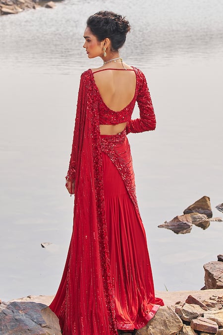Shop_Nidhika Shekhar_Red Silk, Crepe Sequins Jalsaa E Khaas Embroidered Pre-draped Saree With Blouse _at_Aza_Fashions