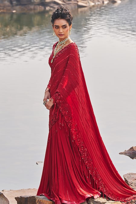 Nidhika Shekhar_Red Silk, Crepe Sequins Jalsaa E Khaas Embroidered Pre-draped Saree With Blouse _Online_at_Aza_Fashions