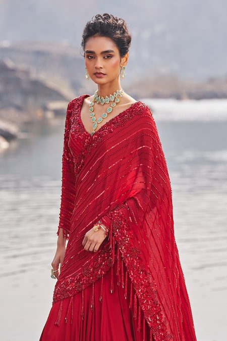Buy_Nidhika Shekhar_Red Silk, Crepe Sequins Jalsaa E Khaas Embroidered Pre-draped Saree With Blouse _Online_at_Aza_Fashions