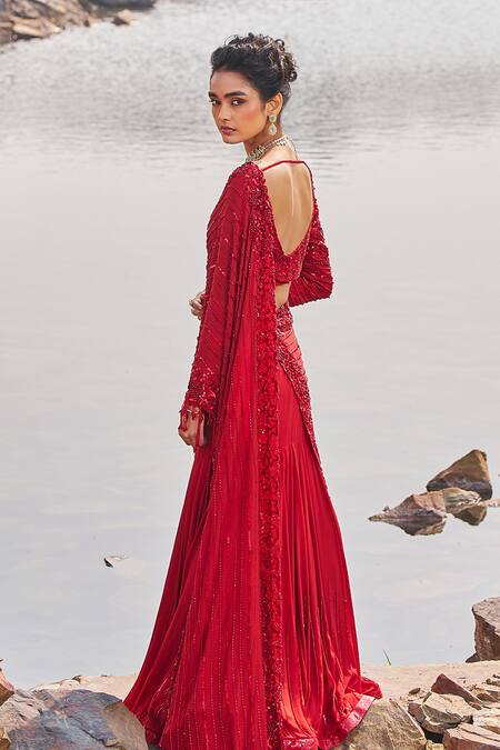 Shop_Nidhika Shekhar_Red Silk, Crepe Sequins Jalsaa E Khaas Embroidered Pre-draped Saree With Blouse _Online_at_Aza_Fashions