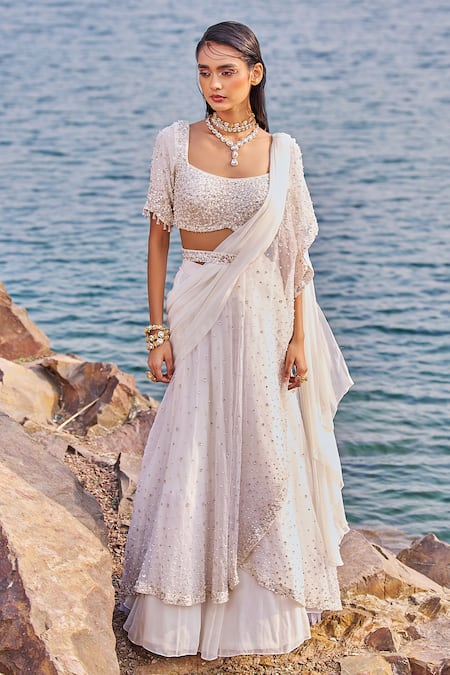 Buy_Nidhika Shekhar_Ivory Organza, Linen Jalsaa-e- Bahaar Embroidered Pre-draped Saree With Blouse _Online_at_Aza_Fashions