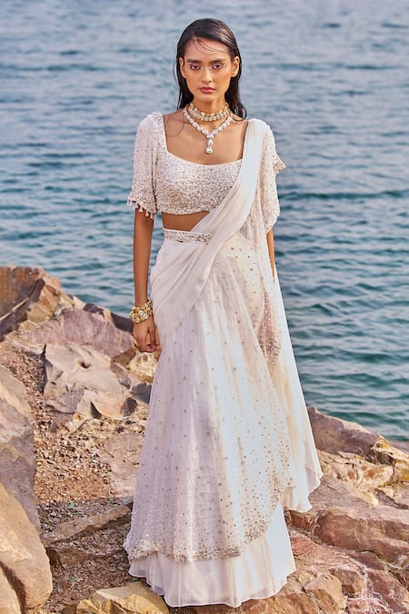 Shop_Nidhika Shekhar_Ivory Organza, Linen Jalsaa-e- Bahaar Embroidered Pre-draped Saree With Blouse _Online_at_Aza_Fashions