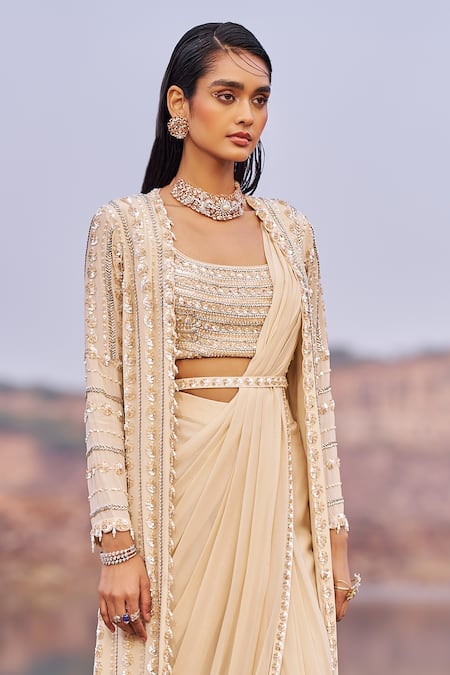 Nidhika Shekhar_Gold Silk, Georgette, Crepe Jalsaa E Gul Bahar Pre-draped Saree Set With Cape _Online_at_Aza_Fashions