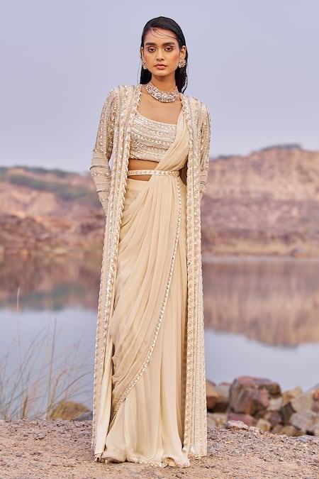 Buy_Nidhika Shekhar_Gold Silk, Georgette, Crepe Jalsaa E Gul Bahar Pre-draped Saree Set With Cape _Online_at_Aza_Fashions