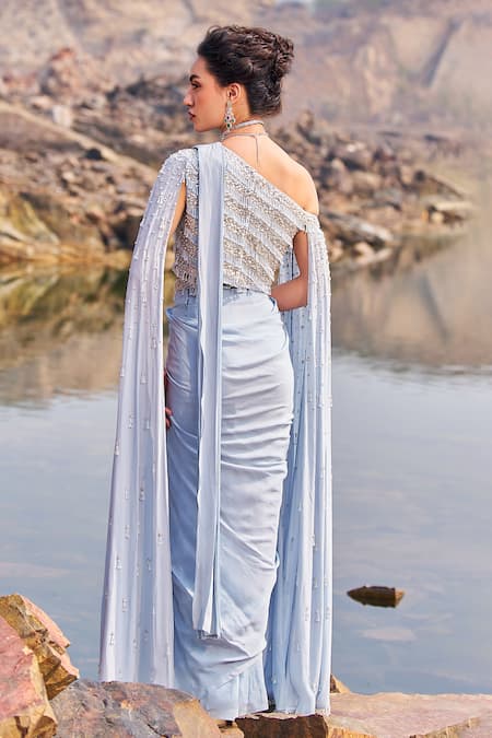 Shop_Nidhika Shekhar_Blue Crepe, Linen Sequins, Subh Jalsaa Pre-draped Saree Set With Cape _at_Aza_Fashions