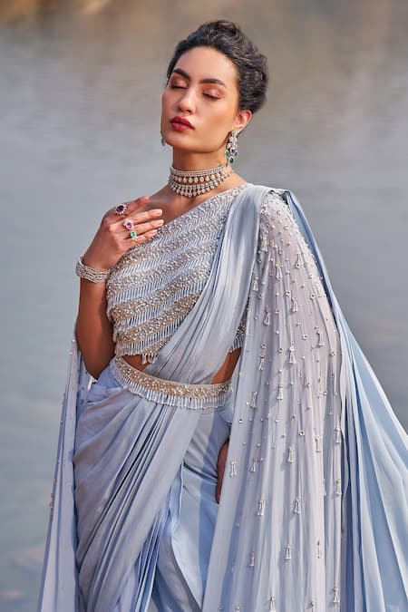 Shop_Nidhika Shekhar_Blue Crepe, Linen Sequins, Subh Jalsaa Pre-draped Saree Set With Cape _Online_at_Aza_Fashions