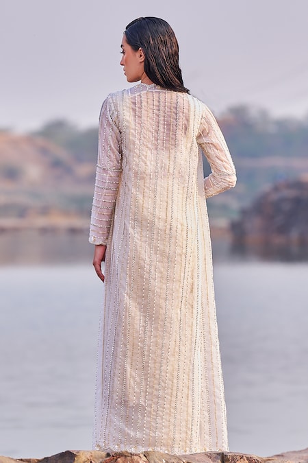 Shop_Nidhika Shekhar_Ivory Georgette, Silk, Shree Jalsaa Utsav Pre-draped Saree Set With Cape _at_Aza_Fashions