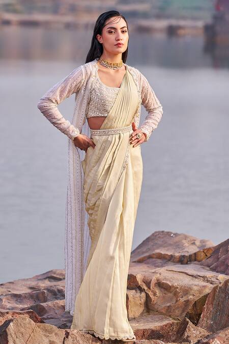 Nidhika Shekhar_Ivory Georgette, Silk, Shree Jalsaa Utsav Pre-draped Saree Set With Cape _Online_at_Aza_Fashions