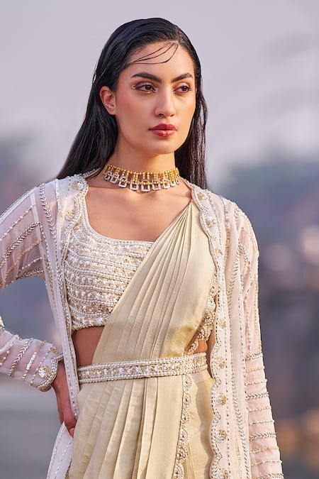 Buy_Nidhika Shekhar_Ivory Georgette, Silk, Shree Jalsaa Utsav Pre-draped Saree Set With Cape _Online_at_Aza_Fashions