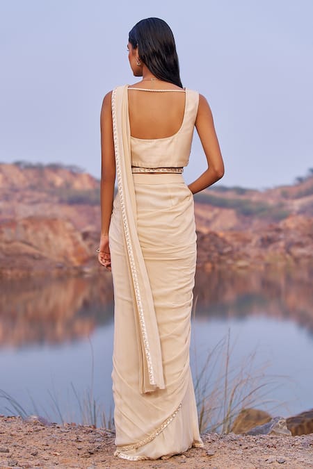 Shop_Nidhika Shekhar_Gold Georgette, Silk Sequins, Jalsaa-e- Pre-draped Saree Set With Belt _at_Aza_Fashions