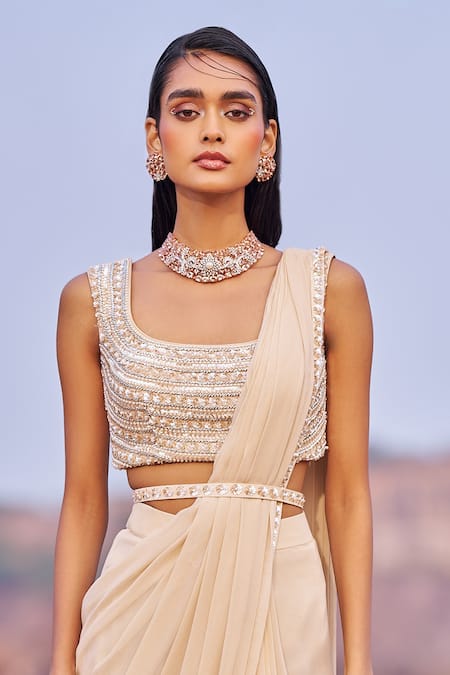 Nidhika Shekhar_Gold Georgette, Silk Sequins, Jalsaa-e- Pre-draped Saree Set With Belt _Online_at_Aza_Fashions