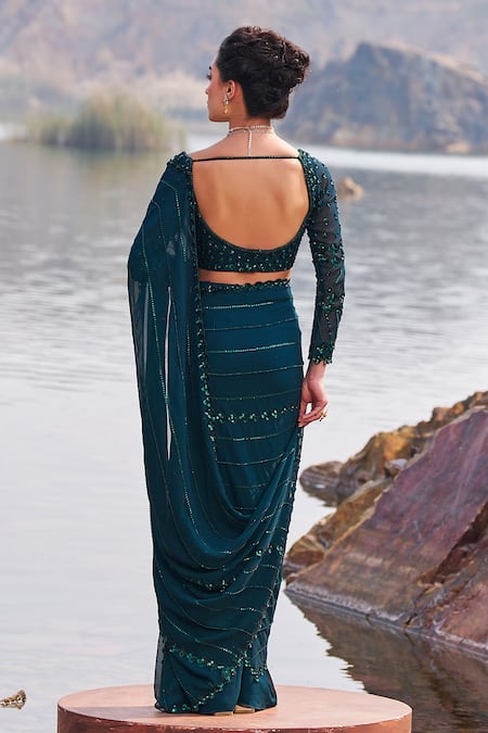 Shop_Nidhika Shekhar_Green Silk, Georgette, Linen Jilmil Jalsaa Pre-draped Saree With Blouse _at_Aza_Fashions