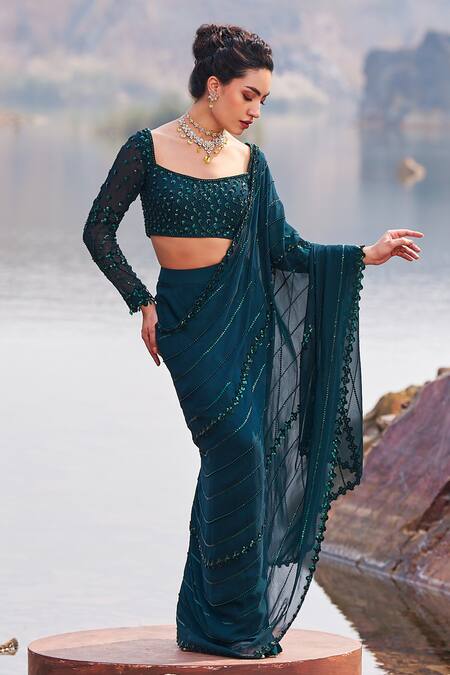 Nidhika Shekhar_Green Silk, Georgette, Linen Jilmil Jalsaa Pre-draped Saree With Blouse _Online_at_Aza_Fashions