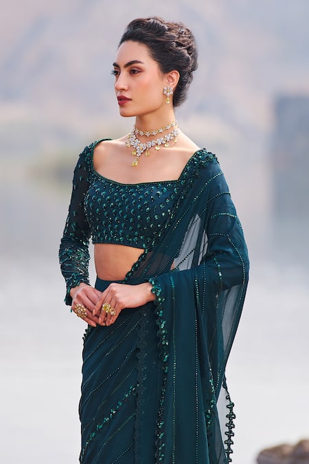 Buy_Nidhika Shekhar_Green Silk, Georgette, Linen Jilmil Jalsaa Pre-draped Saree With Blouse _Online_at_Aza_Fashions