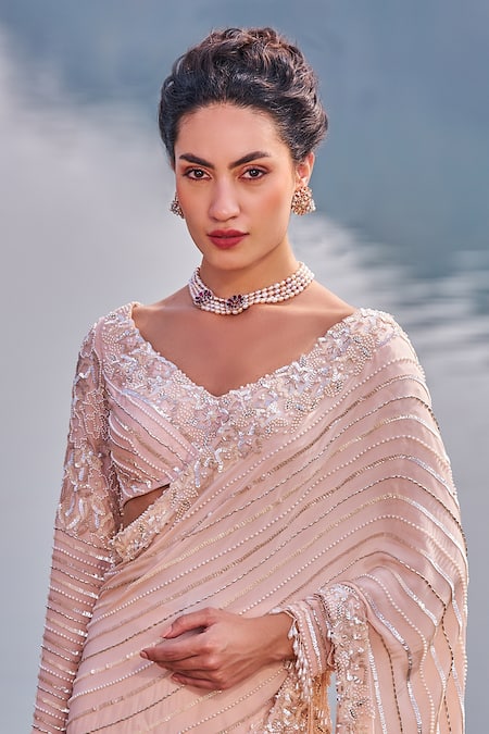 Nidhika Shekhar_Pink Silk, Crepe Sequins Jalsaa-e-khaas Embroidered Pre-draped Saree With Blouse _Online_at_Aza_Fashions