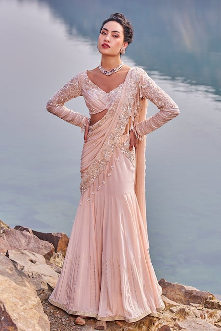 Buy_Nidhika Shekhar_Pink Silk, Crepe Sequins Jalsaa-e-khaas Embroidered Pre-draped Saree With Blouse _Online_at_Aza_Fashions