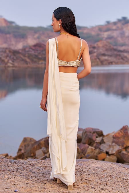 Shop_Nidhika Shekhar_Gold Silk, Crepe Sequins Sunehri Subh Embroidered Pre-draped Saree With Blouse _at_Aza_Fashions