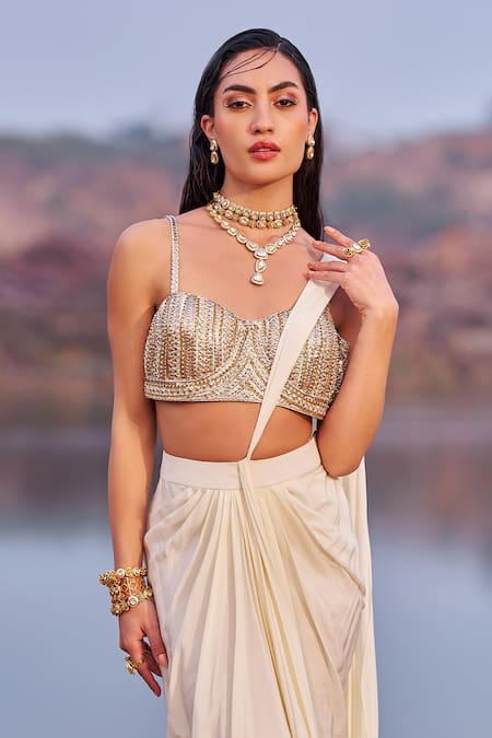 Nidhika Shekhar_Gold Silk, Crepe Sequins Sunehri Subh Embroidered Pre-draped Saree With Blouse _Online_at_Aza_Fashions