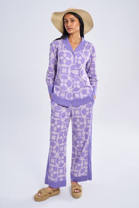 Terra Luna_Purple 100% Organic Handloom Cotton Printed Crescent Bloom Straight Pant _Online_at_Aza_Fashions