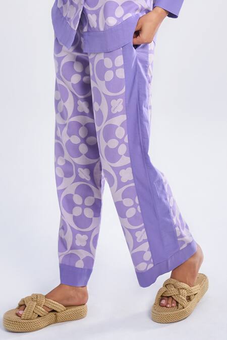 Buy_Terra Luna_Purple 100% Organic Handloom Cotton Printed Crescent Bloom Straight Pant _Online_at_Aza_Fashions