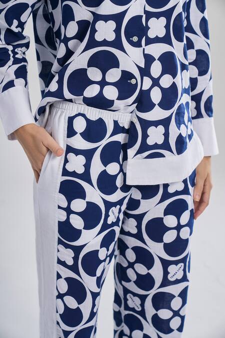 Terra Luna_Blue 100% Organic Handloom Cotton Printed Crescent Bloom Pant _Online_at_Aza_Fashions