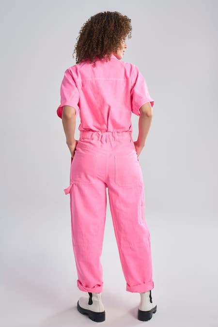 Shop Terra Luna Pink Cotton Collared Aurora Bubblegum Jumpsuit at Aza Fashions Shop_Terra Luna_Pink Cotton Collared Aurora Bubblegum Jumpsuit _at_Aza_Fashions