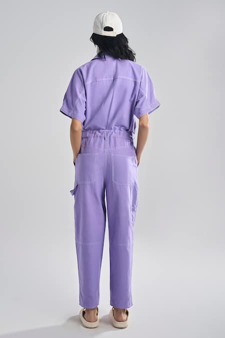 Shop Terra Luna Purple Cotton Collared Aurora Jumpsuit at Aza Fashions Shop_Terra Luna_Purple Cotton Collared Aurora Jumpsuit _at_Aza_Fashions