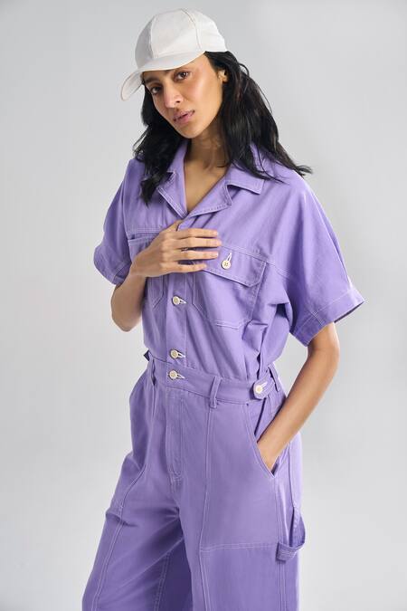 Terra Luna Purple Cotton Collared Aurora Jumpsuit Online at Aza Fashions Terra Luna_Purple Cotton Collared Aurora Jumpsuit _Online_at_Aza_Fashions