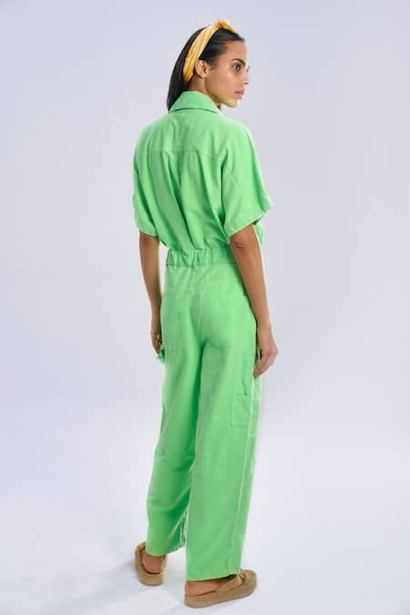 Shop Terra Luna Green Cotton Collared Aurora Pocketed Jumpsuit at Aza Fashions Shop_Terra Luna_Green Cotton Collared Aurora Pocketed Jumpsuit _at_Aza_Fashions