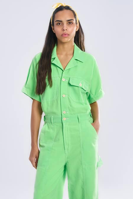Terra Luna Green Cotton Collared Aurora Pocketed Jumpsuit Online at Aza Fashions Terra Luna_Green Cotton Collared Aurora Pocketed Jumpsuit _Online_at_Aza_Fashions