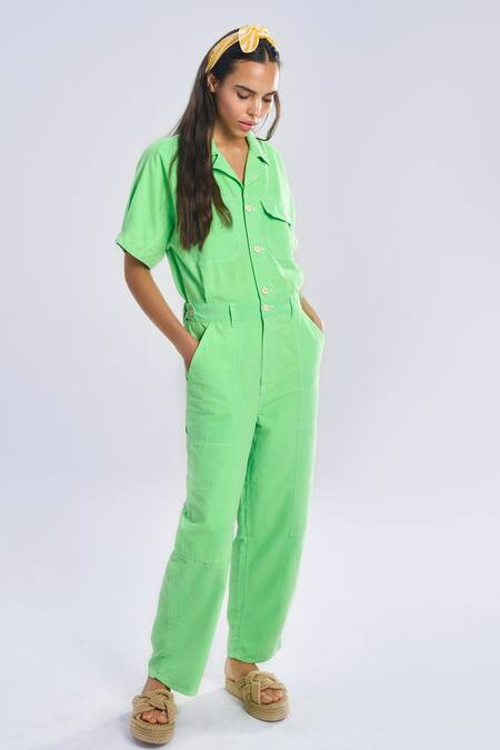 Buy Terra Luna Green Cotton Collared Aurora Pocketed Jumpsuit Online at Aza Fashions Buy_Terra Luna_Green Cotton Collared Aurora Pocketed Jumpsuit _Online_at_Aza_Fashions