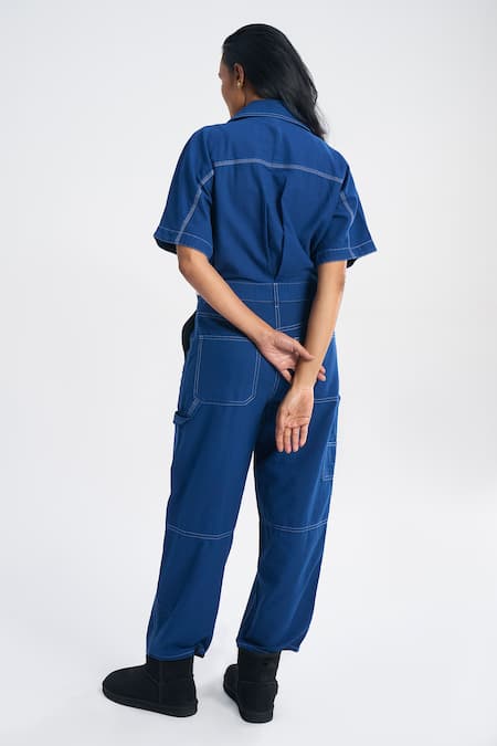 Shop Terra Luna Blue Cotton Collared Aurora Handloom Jumpsuit at Aza Fashions Shop_Terra Luna_Blue Cotton Collared Aurora Handloom Jumpsuit _at_Aza_Fashions