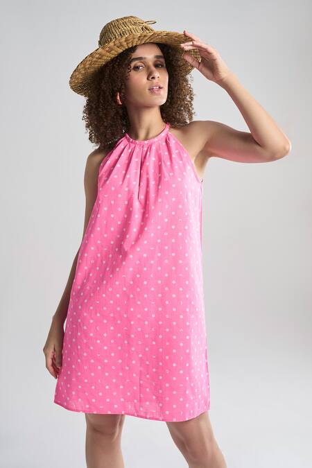 Terra Luna Pink Cotton Halter Neck Lunar Polka Print Dress Online at Aza Fashions Terra Luna_Pink Cotton Halter Neck Lunar Polka Print Dress _Online_at_Aza_Fashions